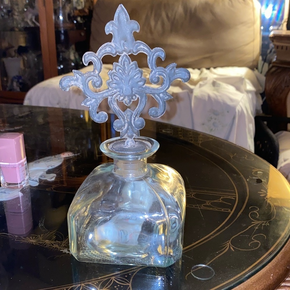 Vintage Square Clear Glass Bottle with Ornate Metal Stopper